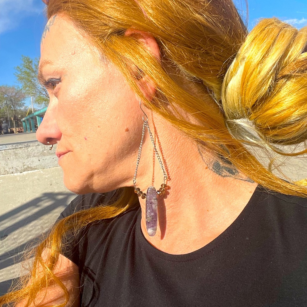 Faceted smoky quartz, amethyst copper earrings.